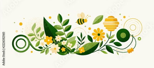 Pollinator corridor connecting flower beds with beehives and bees in modern green and yellow design