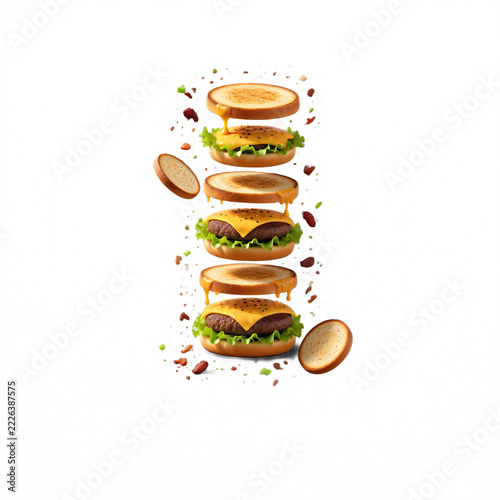Exploded View of Delicious Cheeseburger with Melting Cheese and Fresh Lettuce