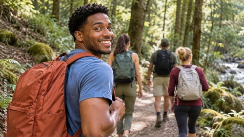 Smiling young backpacker looking back during a group hike on a forest path