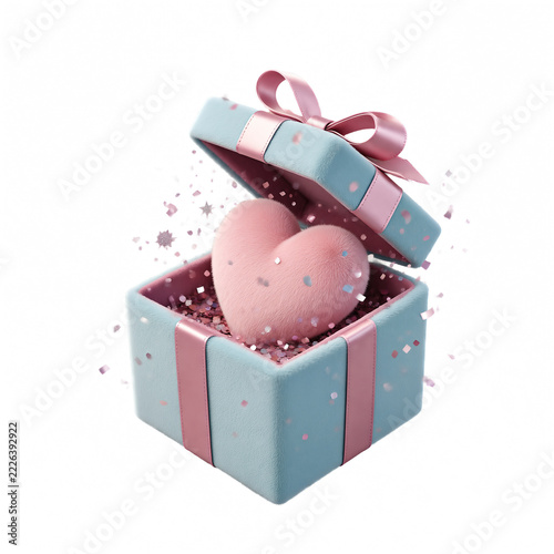 Isolated 3D Gift Box with Pink Heart and Confetti on Transparent Background