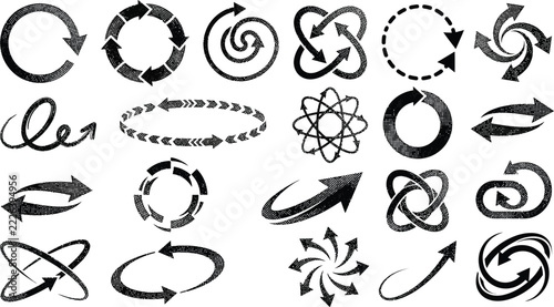 Set of various grunge styled black and white arrows and abstract circular shapes