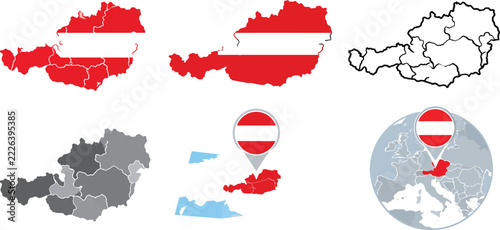 Set of vector illustrations featuring maps of Austria decorated with the national flag design elements