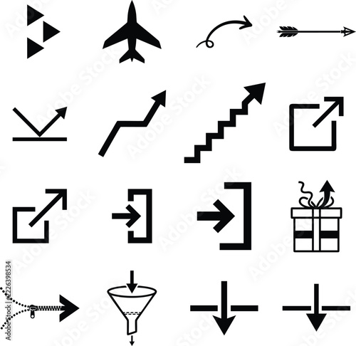 Black and white vector icon set featuring various arrows, growth charts, airplane and symbols