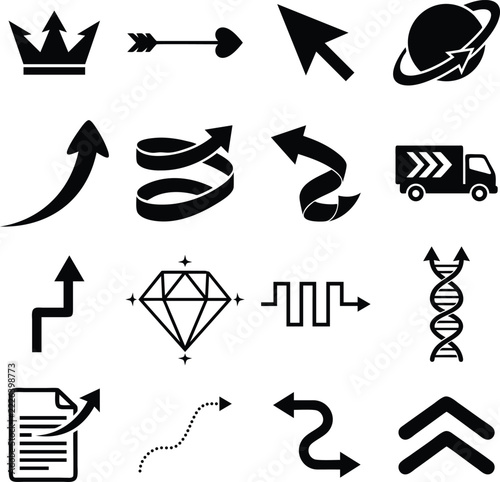 Collection of black vector icons featuring various navigation arrows, symbols, and business graphics