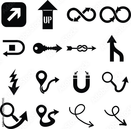 Set of black vector icons featuring various navigation arrows, symbols, and business graphics