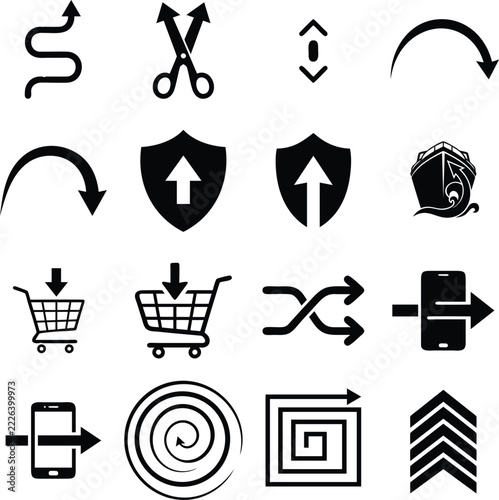 Collection of black vector icons featuring various navigation arrows, shopping carts and symbols