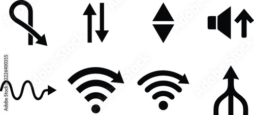 Set of black vector icons featuring various navigation arrows, symbols, and graphic elements