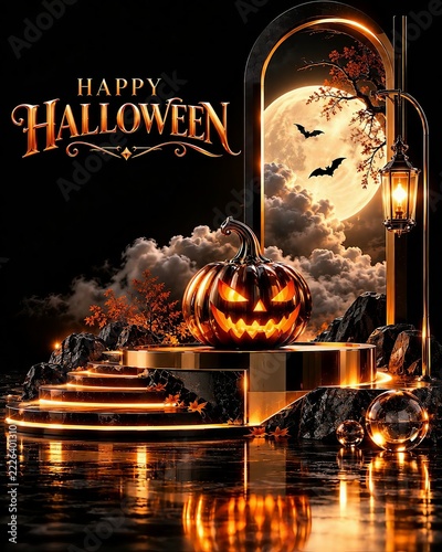 Halloween Greeting Card with Glowing Pumpkin, Golden Full Moon and Elegant Orange Metallic Typography