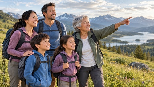 Multigenerational hiking group with an older woman pointing across a meadow