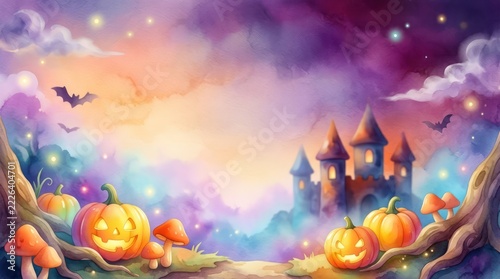 Magical Pastel Watercolor Halloween Background featuring a Fairytale Castle with Glowing Jack O Lantern Pumpkins and Bats in a Whimsical Fantasy Landscape