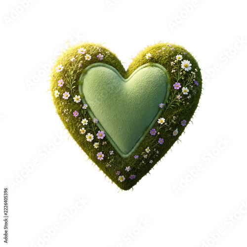 Isolated Heart Shape Made of Green Moss and Small Wildflowers on Transparent Background