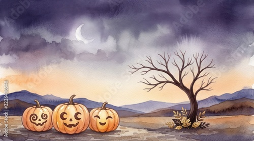 Watercolor Halloween Illustration with Cute Carved Jack-O-Lantern Pumpkins and Spooky Bare Tree under a Crescent Moon in a Twilight Landscape Background