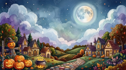 Whimsical Watercolor Halloween Village Landscape with Full Moon Jack-O'-Lanterns and Spooky Houses under a Starry Night Sky for Holiday Invitations and Decor