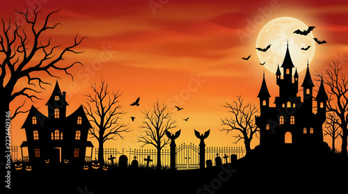 Spooky haunted castle and graveyard under a large full moon with bats flying in the eerie orange sky.