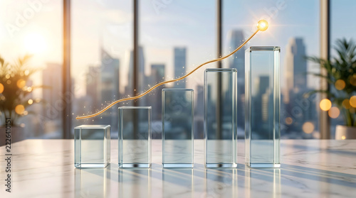 Transparent glass bar chart with a golden upward trending line on a marble desk in a sunny modern corporate office