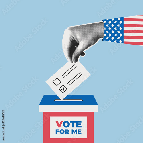 Collage Halftone hand holds ballot and drops it into a box labeled Vote for me. USA patriotic flag colors. Paper cut out trendy sticker. Vector trendy mixed media election illustration.