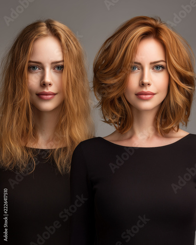Two redhead women with frizzy and styled hair on gray background