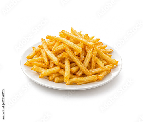 Golden crispy French fries served on a white plate isolated on white background