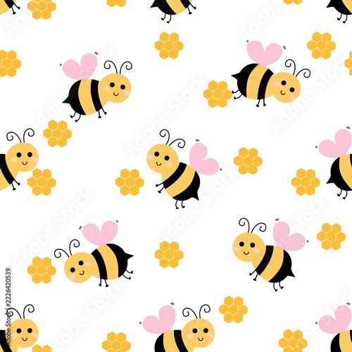 Cute Bee with Honeycomb Seamless Pattern Vector Illustration