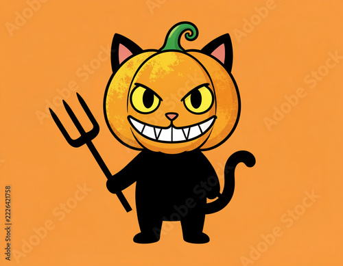 A cartoon black cat with a pumpkin for a head is standing in the center of the frame