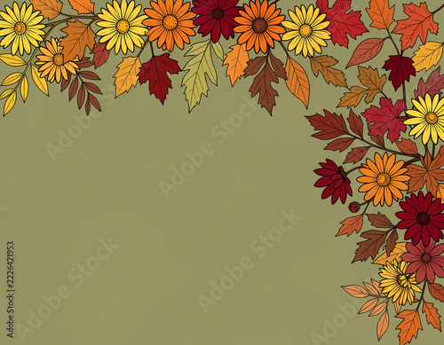 A decorative border of fall foliage and flowers across the top of the image, against a muted olive-green background