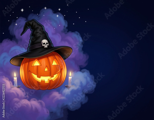 A playful digital illustration of a glowing jack-o’-lantern wearing a tall, crooked black witch’s hat, positioned left of center