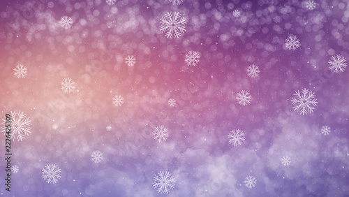 Abstract winter background featuring white delicate snowflakes falling over a soft purple and pink gradient with sparkling bokeh light and clouds creating a festive dreamy holiday atmosphere