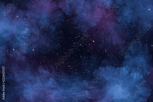 Abstract cosmic background featuring glowing blue and purple nebula clouds with a central star vortex creating a mysterious magical space portal atmosphere for modern design projects