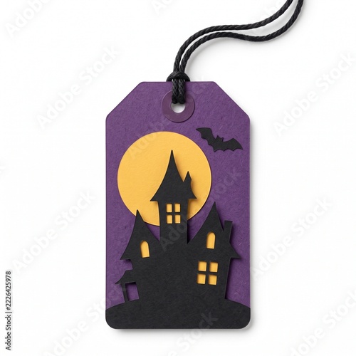 Purple Halloween Gift Tag with Haunted House, Golden Moon and Flying Bats.