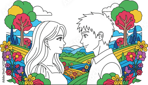 Romantic Coloring Page of Young Couple in Whimsical Nature Theme