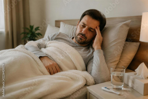 Sick Man Resting in Bed with a Thermometer and Drinking Water Nearby