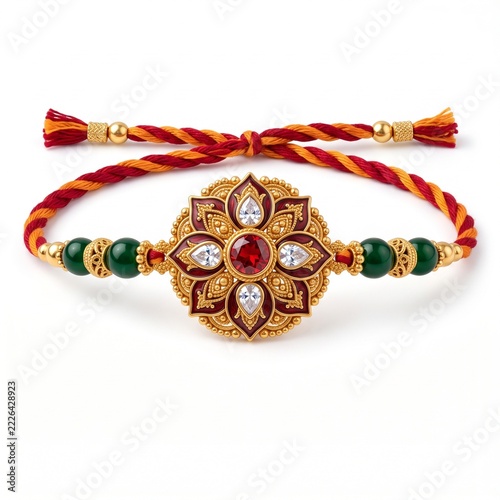 Handcrafted Maroon Floral Enamel Rakhi Bracelet with Green Beads.