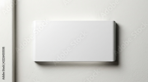 Blank White Rectangular Sign Mounted on a Textured Light Colored Wall Surface Showing a Minimalist Clean Design Ideal for Text or Graphics