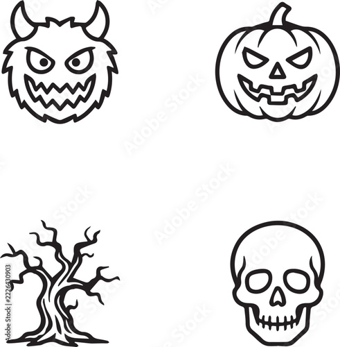 Halloween theme square icon collection featuring spooky monster pumpkin dead tree and skull graphic line art for holiday designs.