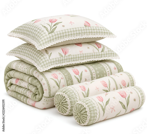 bed sheet and bedcover set with a floral pattern in pastel green