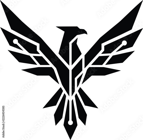 Futuristic fantasy logo featuring stylized wings, quill, and digital circuitry for gaming and tech brand identities