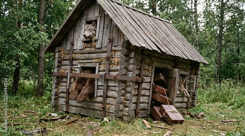 Wolf looking out of a rustic wooden cabin in the forest with vintage suitcases