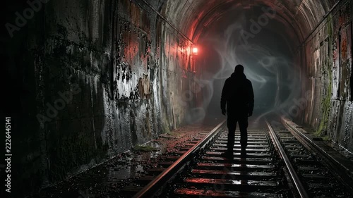 Cinematic Horror Silhouette in Dark Industrial Tunnel with Red Lighting