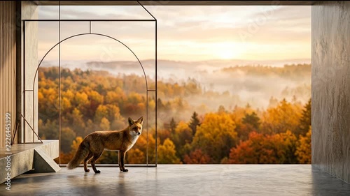 Minimalist Architectural Interior with Red Fox Overlooking a Misty Autumn Forest Sunrise Landscape