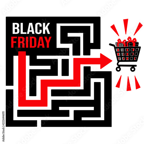 Black Friday Shopping Maze with Red Path Leading to Shopping Cart and Gifts