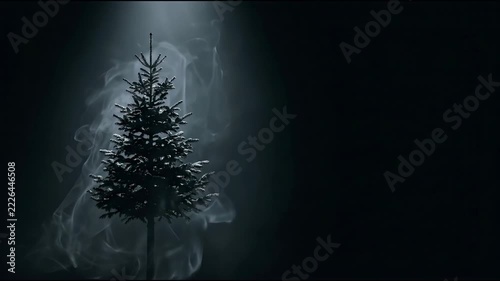 Minimalist Pine Tree Silhouette with Atmospheric Smoke and Volumetric Lighting against Deep Black Background with Copy Space for Luxury Festive Holiday Advertising