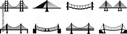 Icon set of famous suspension bridges featuring cables towers and