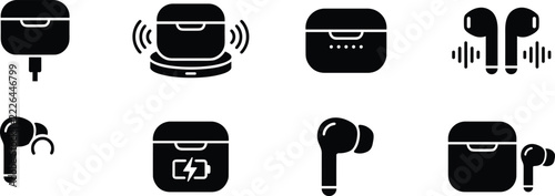 Modern home smart tech vector icon set featuring wireless earbuds