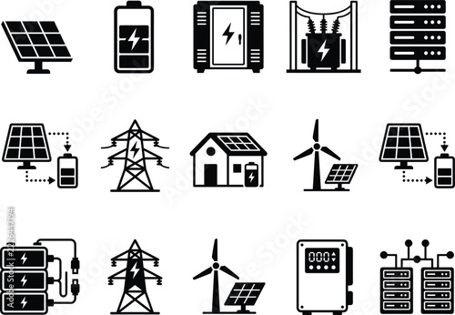 Comprehensive renewable energy vector icon set showcasing solar