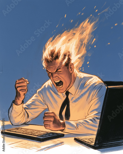 Burning Ambition: A businessman, his hair aflame, clenches his fists and roars in frustration, his face contorted in anger and stress as he works at his computer.