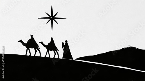 A minimalist silhouette of the Three Wise Men (Magi from the East) on their journey to Bethlehem
