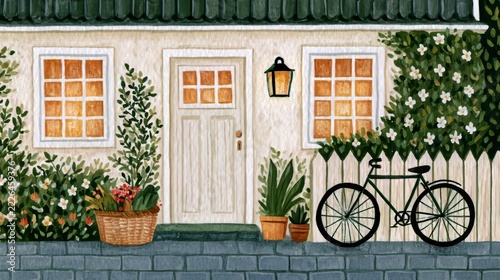 Watercolor and gouache illustration of a cozy townhouse with windows, a wooden front door, a wicker basket full of flowers and vegetables, green potted plants, and a bicycle