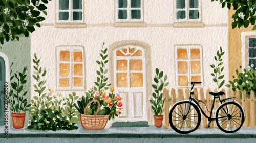 Watercolor and gouache illustration of a cozy townhouse with windows, a wooden front door, a wicker basket full of flowers and vegetables, green potted plants