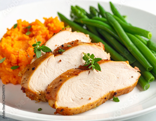 Roasted turkey breast with mashed sweet potato and green vegetables, white plate. AI
