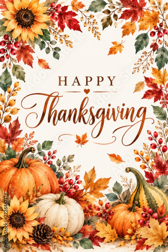 Watercolor Thanksgiving greeting card with pumpkins, sunflowers, autumn leaves, and berries. Happy Thanksgiving lettering on a light background with a warm seasonal composition.